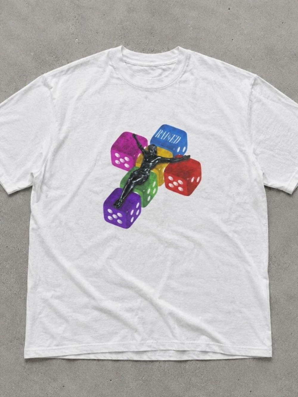 Gildan White Tee with Multicolor Dice and Crucifix Graphic